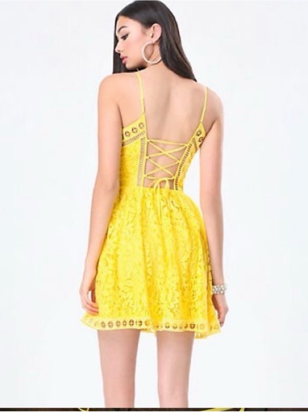 bebe Yellow Lace-Up Back Spaghetti-Strap Mini Dress